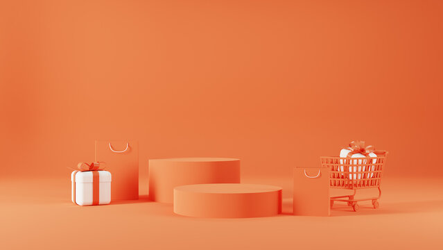 3d rendering of promotion sale with orange podium gifts, shopping bag and balloon on minimal orange background.