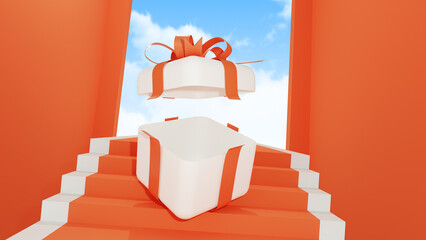 3d rendering of promotion sale with orange podium gifts, shopping bag and balloon on minimal orange background.
