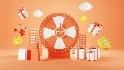 Roulette Event  3d Orange fortune spinning wheel for online promotion events. Concept of winning the biggest discount as jackpot prize. - obrazy, fototapety, plakaty