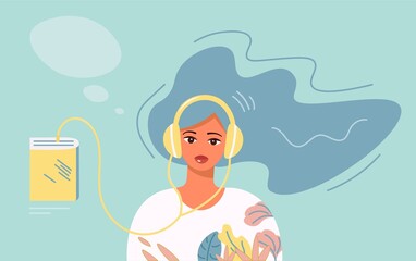Banner with a beautiful young woman in headphones listening to an audiobook. The girl is listening to a podcast. The concept of online learning lessons. Vector flat illustration for web design