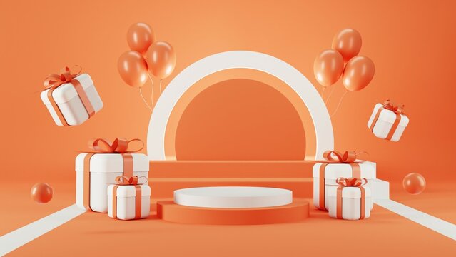 3d rendering of promotion sale with orange podium gifts, shopping bag and balloon on minimal orange background.