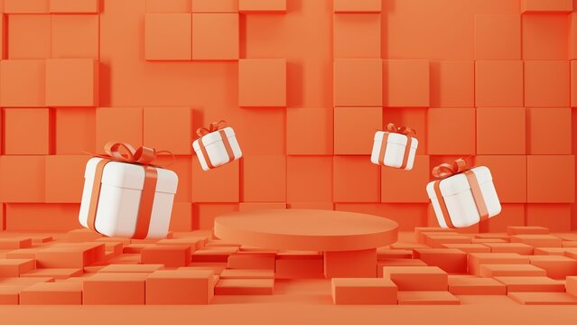3d rendering of promotion sale with orange podium gifts, shopping bag and balloon on minimal orange background.