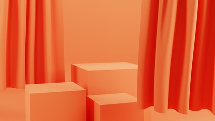 Orange Abstract geometric shape podium for product display on orange background. 3d rendering.