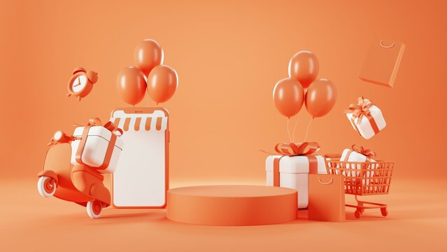 3d rendering of promotion sale with orange podium gifts, shopping bag and balloon on minimal orange background.