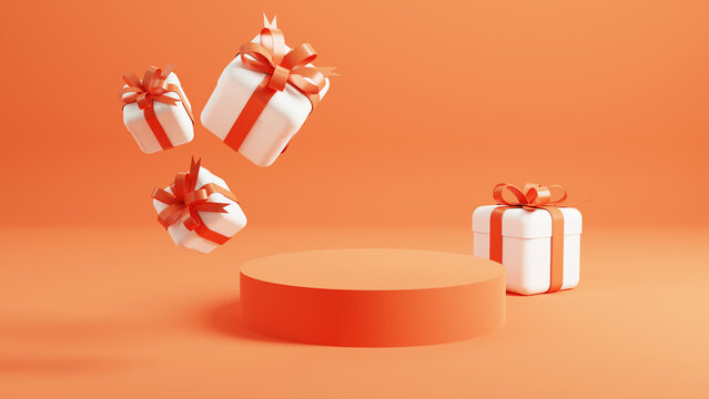 3d rendering of promotion sale with orange podium gifts, shopping bag and balloon on minimal orange background.