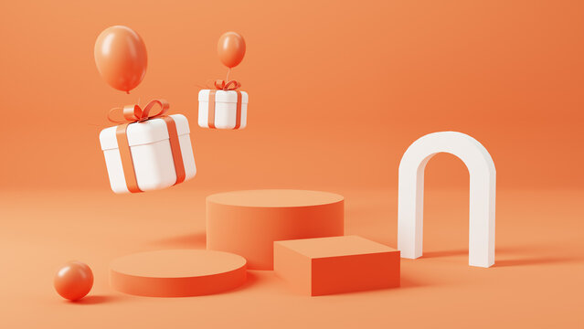 3d rendering of promotion sale with orange podium gifts, shopping bag and balloon on minimal orange background.