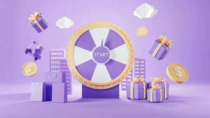 Roulette Event  3d purple fortune spinning wheel for online promotion events. Concept of winning the biggest discount as jackpot prize. - obrazy, fototapety, plakaty