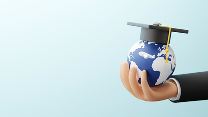 Study abroad concept design of business hand holding globe with graduation cap and plane 3D render - obrazy, fototapety, plakaty
