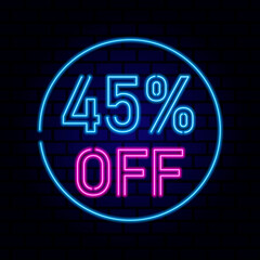 45 percent SALE glowing neon lamp sign. Vector illustration.