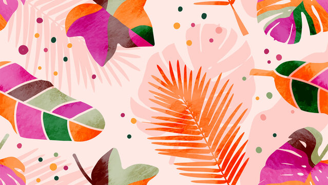 Tropical foliage in seamless pattern background. Colorful watercolor texture wallpaper with palm, monstera leaves, branches. Hand drawn tropical plants design for fabric, banner, prints, packaging.