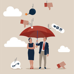Partner and businessman hold strong umbrella protect from negative feedback. Handle business criticism, scold or negative feedback, manage boss blame, pressure, failure or mistake ashamed concept. - obrazy, fototapety, plakaty