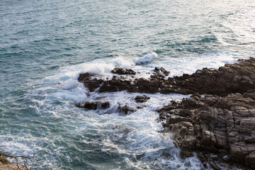 Rocks and cliffs on the Costa Brava in the Mediterranean Sea in northern Catalonia, Spain.