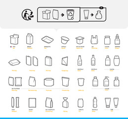 A set of packaging type icons for recycled sorting. Vector elements are made with high contrast, well suited to different scales. Ready for use in your design. EPS10.