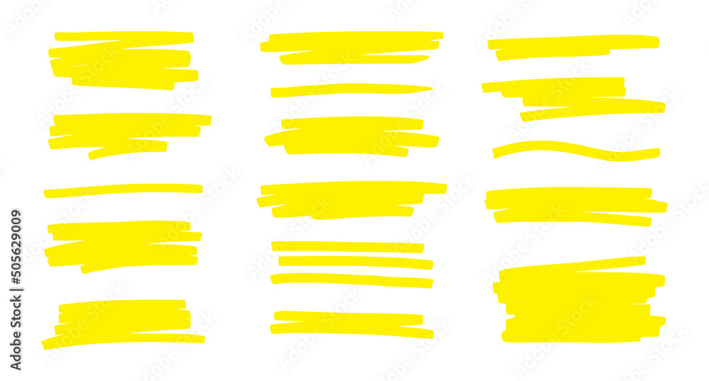 Poster Highlight underline brush. Yellow marker pen stroke. Line brush vector set for memo highlight element, yellow marker effect, drawing text frame.