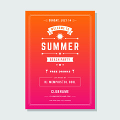 Pink orange gradient summer beach party poster disco event announcement with place for text vector illustration. Nightclub discotheque ad with festive ribbon sun and arrows decorative design