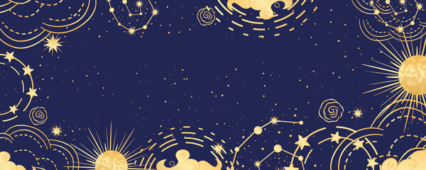 Celestial astrological background with constellations, stars, sun and moon. Mystical astrology, celestial space with golden signs. Vector illustration.