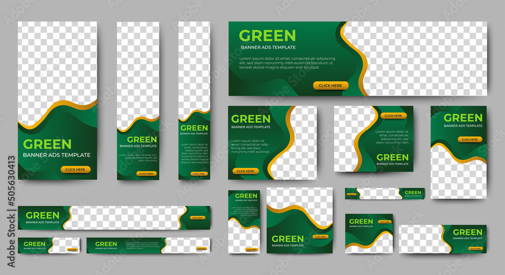 Poster green banner design web template set, horizontal header web banner. modern gradient green cover head
