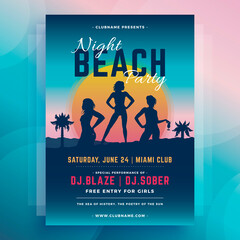 Fashion bikini woman silhouette at vibrant sun cocktail party summer landscape poster template vector illustration. Sexy female relaxing at sunset sunrise beach tropical promo social event music sound
