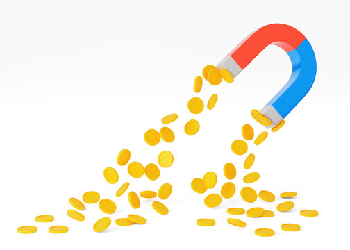 Magnet attracts gold coins. Concept of how to find money. 3d render