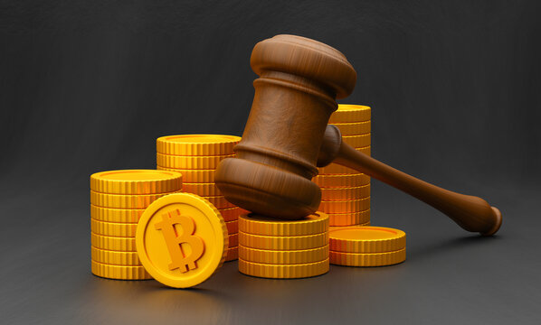 Cryptocurrency coins in a stack and Judges gavel. 3d render