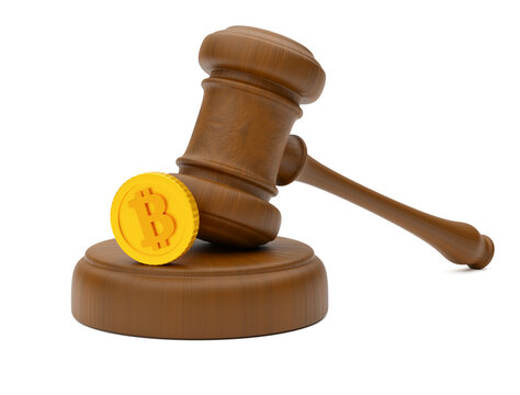 Judges gavel and bitcoin coin isolated on a white background. 3d render