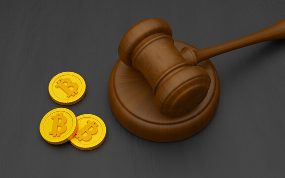 Judges gavel and bitcoin coins on a gray background. 3d render