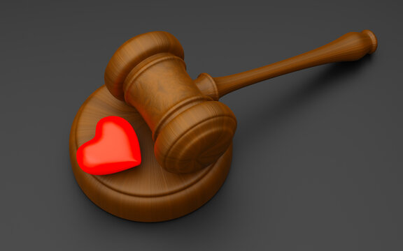 Divorce. Red Heart and Judges Gavel Gray Background. 3d render