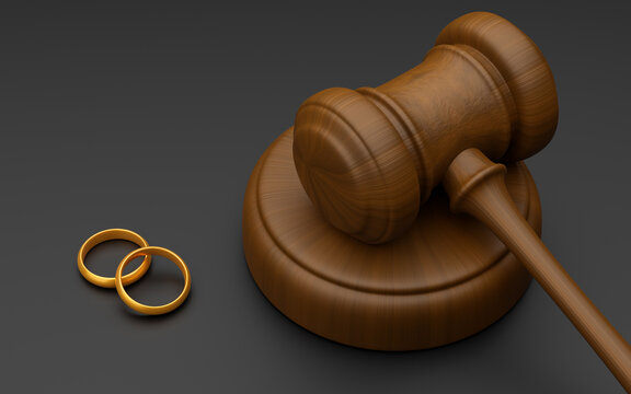 Divorce. Gold wedding rings and Judges gavel on a gray background. 3d render