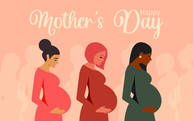 Happy Mother's day. Three pregnant women of different nationalities and religions. Horizontal modern card with pink pastel background. Vector.