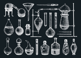 Hand-sketched glass equipment collection for perfumery and cosmetics making. Chemicals and alchemy glassware illustration on chalkboard. Perfume bottles, jars, flasks drawings in engraved style - obrazy, fototapety, plakaty