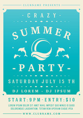 Minimalist blue vintage summer nightclub disco party poster template vector flat illustration. Retro seaside paradise resort vacation music sound entertainment sea wave floating dolphins