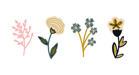 Collection of hand drawn natural elements of flowers and plants