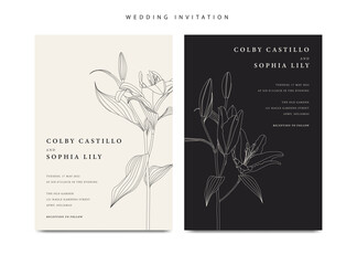 Minimalist wedding invitation template with lily flower
