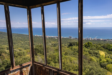 View form fire tower of Golden Sands Nature Park on shore of Black Sea, Bulgaria