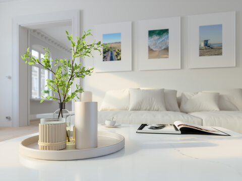3D illustration. modern scandinavian living room with wall images.