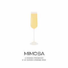 Mimosa Cocktail in champagne glass. Summer aperitif recipe with orange juice and prosecco. Mixology minimalist simple square card. Alcoholic beverage isolated on white background. Vector illustration.