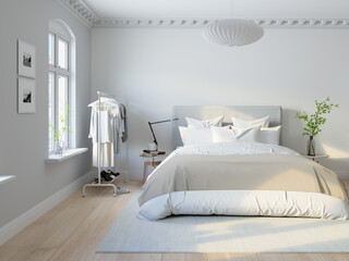 3d illustration. scandinavian style bedroom with wall prints.