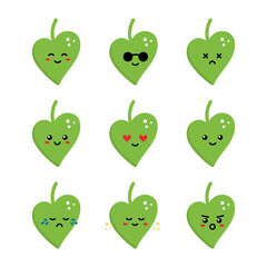 Set, collection, pack of leaves emoji, vector cartoon style icons of green leaves characters with different facial expressions, happy, sad, shining, joyful.