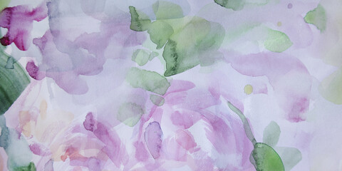 Pastel colors roses. Romantic color of season 2022 panorama background. Summer beautiful flowers. Watercolor pale texture with smudges.
