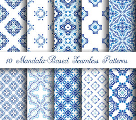 Blue mandala vector patterns. A set of seamless oriental ornaments