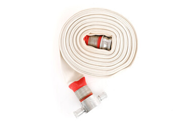 Red white fire hose on white background