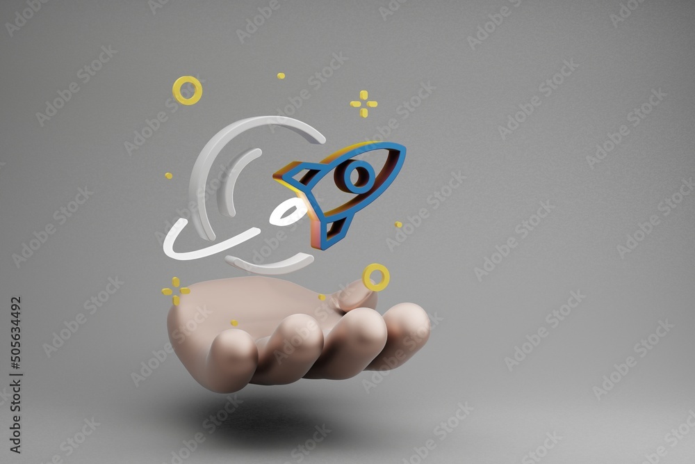 Aufkleber beautiful abstract illustrations golden hand holding rocket and start symbol icon on a gray backgrou