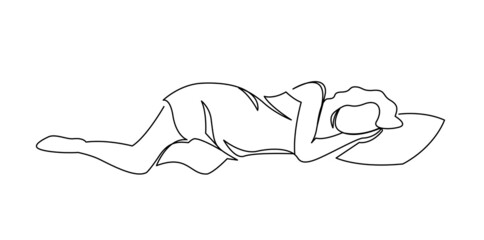 Continuous one line drawing of woman sleeping on memory foam. Vector illustration sleeper sleeper in profile.