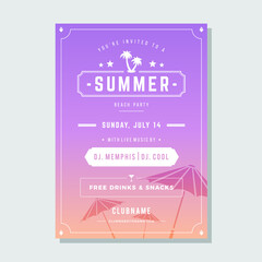 Vintage violet gradient summer beach party poster template fluid design vector illustration. Retro vibrant disco event announcement palm tree umbrella silhouette line signboard advertising promo