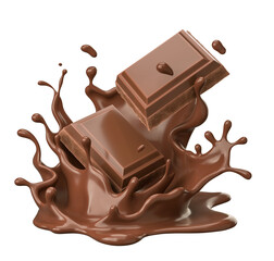 dark chocolate bar icon with chocolate cream splashing, 3d illustration.