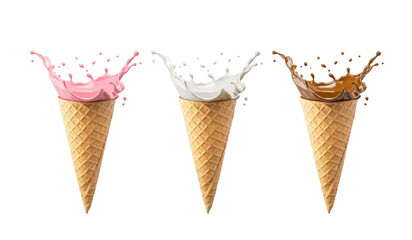 set of Chocolate,vanilla and strawberry splash of Ice cream cone flavor with clipping path, 3d...