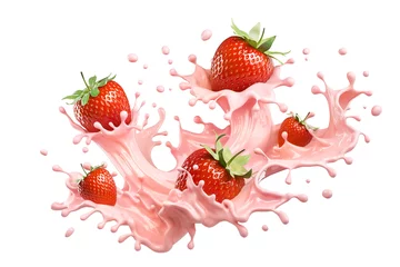 Fototapeten milk or yogurt splash with strawberries isolated on white background, 3d rendering. © Anusorn