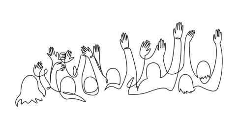 Cheerful crowd cheering illustration. Hands up. Group of applause people continuous one line vector drawing. Audience silhouette hand drawn characters. Women and men standing at concert, meeting