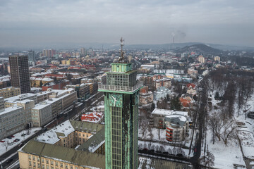 Drone photo of Tower of New City Hall in Ostrava city, Czech Republic