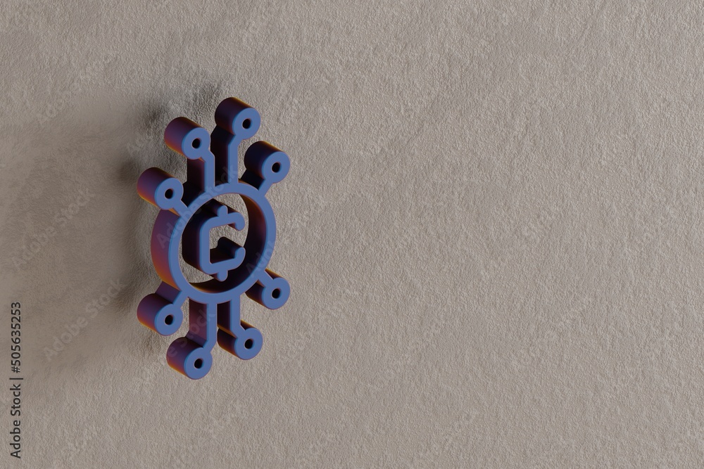 Poster beautiful abstract illustrations blue blockchain token symbol icons on a wall beton background. 3d r